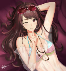 Rule 34 | 1girl, ;), ahoge, arm behind head, arm up, armpits, bare shoulders, bikini, blush, breasts, chaciooh, cleavage, closed mouth, collarbone, colored stripes, commentary, earrings, eyewear on head, finger to mouth, hair down, hoop earrings, index finger raised, jewelry, kujikawa rise, long hair, looking at viewer, multicolored hair, necklace, one eye closed, persona, persona 4, pink hair, purple eyes, red-tinted eyewear, shushing, signature, small breasts, smile, solo, striped bikini, striped clothes, sunglasses, swimsuit, tinted eyewear, two-tone hair, upper body