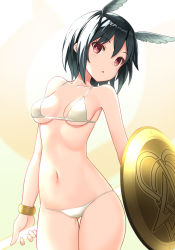 Rule 34 | 1girl, bell (oppore coppore), bikini, black hair, bracelet, breasts, bright pupils, fate/grand order, fate (series), hair between eyes, head wings, highres, holding, holding polearm, holding shield, holding spear, holding weapon, jewelry, navel, open mouth, ortlinde (fate), polearm, red eyes, shield, short hair, small breasts, solo, spear, standing, swimsuit, thighs, valkyrie (fate), weapon, white bikini, wings