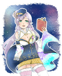 Rule 34 | 1girl, aquarius (symbol), blue headwear, blush, book, breasts, bridal gauntlets, cancer (symbol), cleavage, commentary request, constellation costume, cow, detached sleeves, fur-trimmed thighhighs, fur trim, garter straps, gemini (constellation), gemini (symbol), green eyes, hair ornament, hair scrunchie, highres, holding, holding book, idol, idol clothes, kashikaze, large breasts, libra (symbol), long hair, looking at viewer, love live!, love live! school idol festival, love live! school idol project, low twintails, open mouth, outline, pink thighhighs, purple hair, purple scrunchie, scorpio (symbol), scrunchie, solo, thighhighs, tojo nozomi, twintails, white outline, wide sleeves, zettai ryouiki