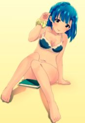 Rule 34 | 10s, 1girl, :p, blue hair, book, bottomless, bra, braid, breasts, highres, idolmaster, idolmaster million live!, knees together feet apart, looking at viewer, medium breasts, nanao yuriko, navel, norada, scrunchie, short hair, sketch, solo, tongue, tongue out, underwear, underwear only, wrist scrunchie, yellow eyes