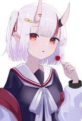 Rule 34 | 1girl, black shirt, candy, collared shirt, food, hair ornament, hair ribbon, hairclip, highres, holding, hololive, horns, lollipop, looking at viewer, multicolored hair, nakiri ayame, open mouth, red eyes, red ribbon, ribbon, sailor collar, sailor shirt, school uniform, serafuku, shirt, short hair, side ponytail, silver hair, simple background, skin-covered horns, solo, streaked hair, syannsyunnhuxoi, upper body, virtual youtuber, white background, white sailor collar