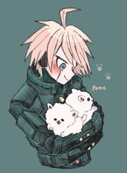 Rule 34 | 1boy, ahoge, androgynous, animal, blue background, blue eyes, buttons, closed mouth, commentary request, cropped torso, crossed arms, danganronpa (series), danganronpa v3: killing harmony, dog, highres, holding, holding animal, holding dog, k1-b0, looking at animal, looking down, male focus, paw print, pomeranian (dog), puppy, romaji text, sarami (sa rami30), simple background, smile, solo, tongue, white dog, white hair