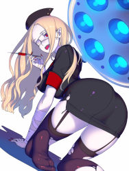 Rule 34 | 1girl, all fours, ass, bandages, black thighhighs, blonde hair, breasts, enkyo yuuichirou, eyepatch, fang, feet, fingernails, from behind, garter belt, hat, highres, large breasts, long fingernails, long hair, looking at viewer, looking back, nail polish, no shoes, nurse, nurse cap, open mouth, original, pointy ears, red eyes, simple background, smile, solo, syringe, thighhighs, tongue, tongue out, torn clothes, torn thighhighs, white background