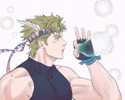 Rule 34 | 1boy, acea n, bad id, bad twitter id, bare shoulders, battle tendency, biceps, blonde hair, blowing bubbles, caesar anthonio zeppeli, facial mark, feather hair ornament, feathers, fingerless gloves, gloves, green eyes, hair ornament, headband, highres, jojo no kimyou na bouken, male focus, profile, sleeveless, sleeveless turtleneck, solo, turtleneck, white background