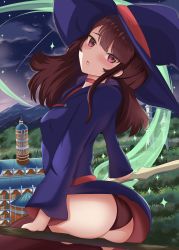 Rule 34 | 1girl, absurdres, ass, blush, braid, breasts, broom, brown hair, choker, dress, flying, from behind, hat, highres, kagari atsuko, little witch academia, long hair, looking at viewer, nicksuslin, open mouth, outdoors, panties, pantyshot, purple eyes, shiny skin, sideboob, solo, star (sky), underwear, witch, witch hat
