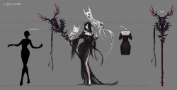 Rule 34 | 1girl, back cutout, black dress, black hair, character sheet, clothing cutout, dress, dungeon and fighter, full body, grey background, high heels, highres, holding, holding staff, keto cactus, long hair, official art, pale skin, parted lips, skirt cutout, solo, staff, teeth, zealous dieuleve