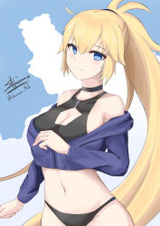Rule 34 | 1girl, absurdres, bare shoulders, bikini, black bikini, black choker, blonde hair, blue background, blue eyes, blue jacket, breasts, choker, cleavage, closed mouth, collarbone, commentary request, covered collarbone, fate/grand order, fate (series), hair between eyes, high ponytail, highres, jacket, jeanne d&#039;arc (fate), jeanne d&#039;arc (ruler) (fate), long sleeves, medium breasts, navel, off shoulder, open clothes, open jacket, ponytail, sato art, signature, smile, solo, swimsuit, twitter username, two-tone background, white background