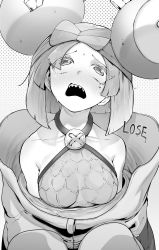 Rule 34 | 1girl, @ @, absurdres, bare shoulders, blush, breasts, creatures (company), defeat, english text, game freak, greyscale, hair ornament, highres, iono (pokemon), jacket, medium breasts, monochrome, nintendo, niwarhythm, open clothes, open jacket, open mouth, oversized clothes, pokemon, pokemon sv, sharp teeth, solo, sweatdrop, teeth, white background