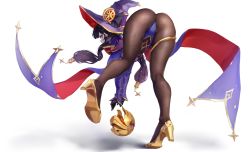 Rule 34 | 1girl, ass, bent over, black gloves, black pantyhose, detached sleeves, floating hair, from behind, genshin impact, gloves, gold footwear, hair ornament, hat, hat ornament, high heels, highres, kneepits, leotard, leviathan (hikinito0902), long hair, looking at viewer, looking back, mona (genshin impact), pantyhose, purple hat, shoe soles, simple background, solo, thighlet, thighs, twintails, very long hair, vision (genshin impact), white background, witch hat