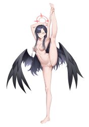 Rule 34 | 1girl, absurdres, alenx kevin, asymmetrical bangs, barefoot, black hair, black wings, blue archive, blue eyes, blush, breasts, cleft of venus, commentary request, completely nude, cropped shirt, flexible, full body, hair ornament, hairclip, hand on own foot, highres, ichika (blue archive), leg lift, long hair, looking at viewer, low wings, medium breasts, navel, nipples, nude, parted lips, pussy, smile, solo, split, standing, standing on one leg, standing split, uncensored, underboob, variant set, wings