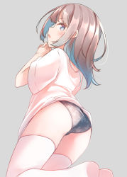 Rule 34 | 1girl, ass, black panties, blue eyes, blush, brown hair, comah, feet out of frame, from behind, grey background, highres, interlocked fingers, looking at viewer, looking back, no pants, no shoes, original, own hands together, panties, parted lips, print panties, shirt, short sleeves, simple background, soles, solo, star (symbol), star print, thighhighs, underwear, white shirt, white thighhighs, wide sleeves
