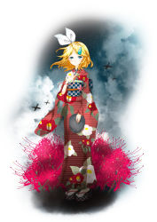 Rule 34 | 1girl, absurdres, arishiki, blonde hair, blue eyes, flower, hair ornament, hairband, hairclip, highres, japanese clothes, kagamine rin, kimono, looking at viewer, short hair, solo, standing, vocaloid, wind