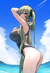 1girl absurdres ass back bare_shoulders black_one-piece_swimsuit black_ribbon blue_sky breasts closed_mouth cloud cloudy_sky commentary cowboy_shot cream_bread english_commentary from_side green_hair hair_ribbon highres honkai_(series) honkai_impact_3rd large_breasts long_hair looking_at_viewer mobius_(honkai_impact) ocean official_alternate_costume one-piece_swimsuit outdoors ribbon sky slit_pupils swimsuit thighs twintails unfinished water