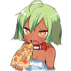 Rule 34 | 1girl, ahoge, animal ears, bare shoulders, blue shirt, blush, collar, collarbone, dark-skinned female, dark skin, dog ears, done (donezumi), fang, fingernails, food, green hair, hair between eyes, holding, holding food, looking at viewer, nail polish, off-shoulder shirt, off shoulder, open mouth, orange eyes, original, pink nails, pizza, pizza slice, red collar, shirt, simple background, solo, titi-chan (nezumi inu), upper body, white background