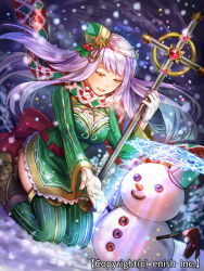 Rule 34 | 1girl, bad id, bad pixiv id, boots, character request, company name, cross, dragon tactics, dutch angle, gloves, green thighhighs, ichinose777, long hair, official art, open mouth, scarf, snow, snowing, snowman, staff, striped clothes, striped thighhighs, thighhighs, vertical-striped clothes, vertical-striped thighhighs, white gloves, yellow eyes