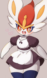 Rule 34 | 1girl, animal nose, apron, black dress, blue thighhighs, blush, bright pupils, buck teeth, cinderace, clothed pokemon, cowboy shot, creatures (company), dress, female focus, flat chest, furry, furry female, game freak, gen 8 pokemon, grey background, happy, heart, highres, kagetsu (pixiv 59460925), maid, matching hair/eyes, narrow waist, nintendo, open mouth, pokemon, pokemon (creature), puffy short sleeves, puffy sleeves, rabbit ears, rabbit girl, red eyes, red hair, short dress, short hair, short sleeves, simple background, skindentation, smile, solo, standing, teeth, thick thighs, thighhighs, thighs, waist apron, white apron, white pupils, wide hips, zettai ryouiki