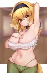 Rule 34 | 1girl, arm up, armpit lips, armpits, bandeau, blonde hair, blush, breasts, cameltoe, cleavage, collar, curvy, g-string, hand on own chest, highres, isekai meikyuu de harem wo, kaptivate, large breasts, looking at viewer, midriff, navel, roxanne (isekai meikyuu de harem wo), slave, solo, strapless, thong, tube top, yellow eyes