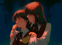Rule 34 | 2girls, artist name, black hair, blue background, chainsaw man, champi, cheek pinching, collared shirt, commentary, dark, dress, dual persona, facial scar, from side, half-closed eyes, hand on another&#039;s cheek, hand on another&#039;s face, hand on another&#039;s shoulder, hand up, highres, long sleeves, looking afar, looking at another, low twintails, medium hair, mitaka asa, multiple girls, neck ribbon, parted lips, pinafore dress, pinching, red eyes, ribbon, ringed eyes, scar, scar on cheek, scar on face, school uniform, shirt, signature, sleeveless, sleeveless dress, smile, surprised, sweatdrop, twintails, upper body, white shirt, wide-eyed, yellow eyes, yoru (chainsaw man)