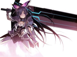 Rule 34 | 10s, 1girl, absurdres, armor, bow, breasts, cleavage, date a live, dress, gauntlets, hair bow, hair ornament, highres, huge weapon, long hair, looking at viewer, namaniku atk, over shoulder, pauldrons, purple eyes, purple hair, scan, see-through silhouette, shoulder armor, small breasts, solo, sword, very long hair, weapon, weapon over shoulder, yatogami tooka
