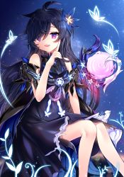 Rule 34 | 1girl, :d, ahoge, armor, bad id, bad pixiv id, bare shoulders, black cape, black dress, black hair, blue cape, blue flower, breastplate, cape, commentary, dress, elsword, english commentary, flower, hair flower, hair ornament, hair over one eye, hand up, highres, index finger raised, laby (elsword), long hair, multicolored cape, multicolored clothes, open mouth, purple eyes, sharp teeth, sitting, sleeveless, sleeveless dress, smile, solo, teeth, very long hair, xes (xes 5377)