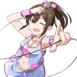 Rule 34 | 10s, 1girl, ;d, belt, blue eyes, brown hair, collarbone, cowboy shot, hair ribbon, holding, holding microphone, idolmaster, idolmaster million live!, ikuwataru nagomi, jewelry, looking at viewer, microphone, microphone cord, midriff, million dreams (idolmaster), navel, necklace, one eye closed, open mouth, pink ribbon, pointing, pointing at viewer, ribbon, satake minako, smile, solo, white background, wrist cuffs