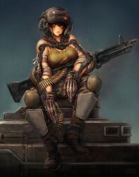 Rule 34 | 1girl, ammunition belt, bandaged arm, bandages, black gloves, blue eyes, breasts, brown pants, commentary, english commentary, exoskeleton, gloves, green tank top, gun, helmet, highres, knee pads, kory cromie, looking to the side, machine gun, medium breasts, original, pants, parted lips, pink lips, science fiction, short hair, sitting, solo, tank top, weapon
