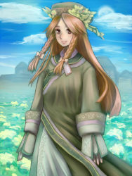 Rule 34 | 1girl, acrylic paint (medium), alternate costume, alternate eye color, arms at sides, braid, changpao, chinese clothes, cloud, colored eyelashes, day, faux traditional media, field, flower, flower field, hat, highres, hong meiling, light smile, lips, long hair, long sleeves, looking at viewer, mansion, moepi (itsuka05), painting (medium), red eyes, red hair, scarlet devil mansion, sky, sleeves past wrists, solo, standing, touhou, traditional media, twin braids, wall, wide sleeves