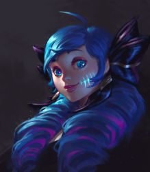 Rule 34 | 1girl, black background, black bow, blue eyes, blue hair, bow, cowlick, drill hair, eyebrows hidden by hair, glowing, gwen (league of legends), hair behind ear, hair bow, highres, jeremy anninos, league of legends, looking at viewer, portrait, smile, solo, twin drills