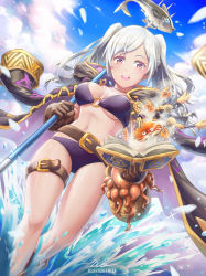 Rule 34 | 1girl, belt, bikini, book, breasts, brown gloves, burnt green tea, clam, cleavage, coat, crab, fire emblem, fire emblem awakening, fire emblem heroes, fish, gloves, highres, jacket, jacket on shoulders, legs, looking at viewer, nintendo, o-ring, o-ring bikini, octopus, open mouth, purple bikini, robin (female) (fire emblem), robin (fire emblem), shrimp, silver hair, smile, solo, splashing, swimsuit, thigh strap, twintails, underboob, water