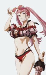 Rule 34 | 1girl, adjusting eyewear, bikini, blunt bangs, breasts, closed mouth, commentary request, eyewear on head, fire emblem, fire emblem: three houses, fire emblem heroes, highres, hilda valentine goneril, hilda valentine goneril (summer), holding, holding umbrella, long hair, looking at viewer, medium breasts, navel, nintendo, official alternate costume, parasol, pink-tinted eyewear, pink bikini, pink eyes, pink hair, round eyewear, simple background, smile, solo, stomach, sunglasses, swimsuit, tinted eyewear, twintails, umbrella, white background, zv6dllrzu725132