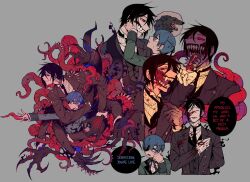 Rule 34 | 2boys, ^ ^, adjusting clothes, adjusting necktie, arm around neck, arm behind back, artist name, black hair, black jacket, black necktie, black ribbon, black vest, blood, blood on clothes, blood on face, blood on hands, blue eyes, blue hair, buttons, ciel phantomhive, claws, closed eyes, closed mouth, collared shirt, colored skin, commentary, demon boy, double-breasted, earrings, elbow rest, english commentary, english text, expressionless, extra arms, eye contact, eyepatch, fang, film grain, finger in another&#039;s mouth, fingernails, forked tongue, formal, from side, frown, glasgow smile, gloves, glowing, glowing eyes, gradient skin, grey background, grey skin, hair between eyes, half-closed eyes, hand on own cheek, hand on own chest, hand on own face, hand tattoo, highres, holding hands, jacket, jewelry, jitome, key, kuroshitsuji, lapels, large hands, licking blood, licking own face, long fingernails, long sleeves, long tongue, looking ahead, looking at another, looking at viewer, looking to the side, male focus, monster boy, monsterification, mouth pull, multicolored skin, multiple boys, multiple views, neck ribbon, necktie, notched lapels, open clothes, open jacket, open mouth, outstretched arm, pentagram, red eyes, ribbon, ring, saliva, sebastian michaelis, sharp fingernails, sharp teeth, shirt, short hair, sideways glance, sideways mouth, simple background, sleeve cuffs, slit pupils, smile, speech bubble, suit, sweat, tattoo, teeth, tentacles, thought bubble, tongue, tongue out, twitter username, veins, veiny tentacles, very long fingernails, very long tongue, vest, viiperfish, white gloves, white shirt, wing collar, wolf