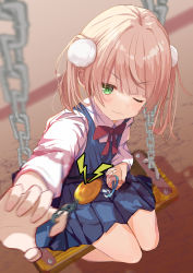 Rule 34 | 1girl, absurdres, aged down, blue dress, bow, bowtie, collared shirt, crime prevention buzzer, dress, foreshortening, green eyes, highres, indie virtual youtuber, light brown hair, looking at viewer, nekozya1, one eye closed, pinafore dress, pom pom (clothes), school uniform, shigure ui (vtuber), shigure ui (vtuber) (young), shirt, sitting, sleeveless, sleeveless dress, smile, solo, swing, twintails, virtual youtuber