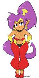 Rule 34 | &gt;:t, 1girl, :t, angry, arabian clothes, baggy pants, bare shoulders, blue eyes, bracer, breasts, cleavage, closed mouth, collarbone, dark skin, dark-skinned female, earrings, female focus, full body, hands on own hips, harem outfit, high heels, highres, hoop earrings, jewelry, leaning, leaning forward, long hair, looking at viewer, medium breasts, mehdrawings, navel, o-ring, o-ring top, pants, pointy ears, ponytail, pout, purple hair, red footwear, red pants, shantae, shantae (series), shoes, simple background, solo, standing, strapless, thigh gap, tiara, very long hair, white background