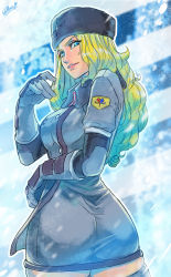 Rule 34 | 1girl, ass, blonde hair, capcom, fur hat, gloves, hat, highres, kolin, long hair, looking at viewer, looking back, skindentation, smile, snow, snowing, solo, street fighter, street fighter v, thighhighs, ushanka, wallace pires, zettai ryouiki