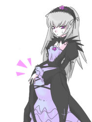Rule 34 | 00s, 1girl, :&lt;, choker, cleavage cutout, clothing cutout, coat, dress, flat chest, frilled dress, frills, gothic lolita, hairband, hand on own stomach, light purple hair, lolita fashion, long hair, looking at viewer, nervous, oekaki, pregnant, puffy sleeves, rozen maiden, simple background, solo, standing, suigintou, sweatdrop, white background, white hair, wide sleeves, wings