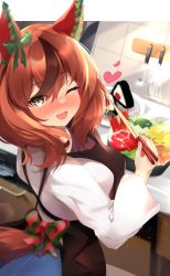 Rule 34 | absurdres, akiba monaka, alternate costume, animal ears, apron, blush, brown eyes, casual, chopsticks, commentary request, food, hair ornament, heart, highres, horse ears, horse tail, kitchen, looking at viewer, medium hair, nice nature (umamusume), one eye closed, onigiri, plate, ribbon, solo, tail, umamusume