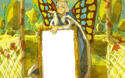 Rule 34 | 1boy, blue cape, blue eyes, blue robe, blue sky, butterfly wings, cape, chinese commentary, commentary request, crown, day, empty picture frame, fate/grand order, fate (series), fur-trimmed cape, fur trim, grass, grey hair, grin, hand up, highres, insect wings, juliet sleeves, leaning on object, long sleeves, looking at viewer, ma fu, male focus, medium hair, oberon (fate), outdoors, picture frame, puffy sleeves, robe, sky, smile, solo, standing, surreal, tree, wings, zooming in