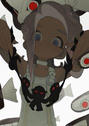 Rule 34 | 1girl, agent 8 (splatoon), bare shoulders, battering lento, blue eyes, blue pupils, bodysuit, cephalopod eyes, chinese commentary, choker, dark-skinned female, dark skin, expressionless, eyes visible through hair, fish skeleton, grey hair, highres, holding, holding paper, kirigami, long hair, nintendo, no nose, octoling girl, octoling player character, paper, parallel canon (splatoon), parted lips, red eyes, redbeanpie0, sleeveless, sleeveless bodysuit, solo, splatoon (series), splatoon 3, splatoon 3: side order, suction cups, swarming languendo, tentacle hair, upper body, white background, white bodysuit, white choker