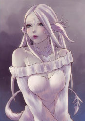 Rule 34 | 1girl, au ra, au ra raen, warrior of light (ff14), bare shoulders, blue eyes, breasts, cleavage cutout, clothing cutout, dragon girl, dragon horns, dragon tail, final fantasy, final fantasy xiv, horns, long hair, medium breasts, off-shoulder, off-shoulder sweater, off shoulder, pale skin, parted lips, scales, solo, soranamae, sweater, tail, upper body, white hair