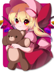 Rule 34 | 1girl, closed mouth, commentary, crystal, flandre scarlet, hat, holding, holding stuffed toy, looking at viewer, mob cap, petticoat, pink hat, qmu, red background, red eyes, short sleeves, simple background, smile, solo, stuffed animal, stuffed toy, symbol-only commentary, teddy bear, touhou, wings