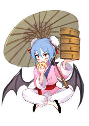 Rule 34 | &gt;:o, 1girl, :o, alternate costume, alternate hairstyle, bamboo steamer, bat wings, blue hair, blush, bun cover, crossed legs, double bun, eating, fangs, fkey, food, food on face, hair between eyes, highres, looking at viewer, nail polish, oil-paper umbrella, pants, red eyes, red nails, remilia scarlet, ribbon, sanpaku, sash, short hair, simple background, sitting, sketch, solo, touhou, umbrella, v-shaped eyebrows, white background, wings