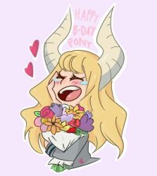 Rule 34 | 10s, 1girl, artist request, blonde hair, blush, boku no hero academia, bouquet, closed eyes, english text, flower, hand on own cheek, hand on own face, hand up, happy, happy birthday, heart, holding, horns, horse girl, jacket, laughing, long hair, open mouth, solo, tears, teeth, tongue, tsunotori pony, upper body