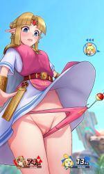 Rule 34 | 2girls, animal crossing, animal ears, animal nose, armor, arrow (symbol), assisted exposure, belt, blonde hair, blue eyes, blue sky, blunt bangs, blush, body fur, breasts, buck teeth, circlet, clothes lift, cowboy shot, crotch seam, crystal, day, dog ears, dog girl, dress, dress lift, embarrassed, female focus, fishing hook, fishing rod, furry, furry female, furry with non-furry, gem, gradient sky, green vest, groin, hair intakes, hair tie, highres, holding, holding fishing rod, interspecies, irohasu (csah8525), isabelle (animal crossing), legs together, long hair, looking down, medium breasts, multiple girls, nintendo, nose blush, o o, open mouth, outdoors, panties, panty pull, pink panties, plaid, plaid vest, pointy ears, princess zelda, pussy, red gemstone, shirt, short hair, short sleeves, shoulder armor, sidelocks, sky, solo focus, standing, super smash bros., surprised, sweat, tabard, teeth, the legend of zelda, the legend of zelda: a link between worlds, topknot, triforce, triforce earrings, two-tone fur, uncensored, underwear, vambraces, vest, white dress, white eyes, white fur, white shirt, wind, wind lift, yellow fur