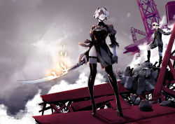Rule 34 | 1boy, 1girl, black blindfold, black dress, black thighhighs, bleemjay, blindfold, boots, breasts, cloud, crane (machine), dress, gloves, highres, holding, holding sword, holding weapon, long sleeves, looking at another, nier (series), nier:automata, ruins, shadow, short hair, shorts, socks, sword, thighhighs, weapon, white hair, 2b (nier:automata), 9s (nier:automata)