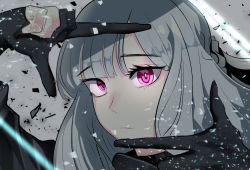 Rule 34 | 1girl, ak-12 (girls&#039; frontline), bad id, bad pixiv id, braid, cizzi, closed mouth, commentary request, expressionless, eyelashes, finger frame, french braid, girls&#039; frontline, gloves, glowing, highres, long hair, looking at viewer, partially fingerless gloves, particles, portrait, red eyes, sidelocks, silver hair, solo