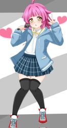 Rule 34 | 1girl, ahoge, black thighhighs, blue skirt, blunt bangs, blunt ends, blush, bow, bowtie, checkered clothes, checkered skirt, commentary request, drawstring, expressionless, flat chest, grey background, hands up, heart, highres, holding, holding microphone, hood, hooded jacket, jacket, kinnikku, legs, long sleeves, looking at viewer, love live!, love live! nijigasaki high school idol club, medium hair, microphone, music, open clothes, open jacket, open mouth, pink hair, pleated skirt, red footwear, shirt, shoes, sidelocks, singing, skirt, sneakers, solo, tennoji rina, thighhighs, thighs, v, white shirt, yellow bow, yellow bowtie, yellow eyes