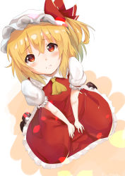 Rule 34 | 1girl, ascot, blonde hair, blush, dress, flandre scarlet, from above, hat, highres, nise (  nise6  ), red dress, red eyes, short hair, side ponytail, solo, tears, touhou