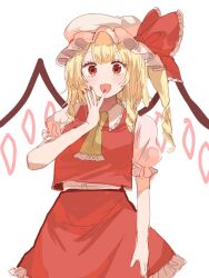 Rule 34 | 1girl, :d, ascot, blonde hair, collar, collared shirt, commentary, cowboy shot, flandre scarlet, frilled ascot, frilled collar, frilled ribbon, frilled skirt, frilled sleeves, frills, hand to own mouth, hat, hat ribbon, highres, light blush, long hair, looking at viewer, mob cap, one side up, open mouth, puffy short sleeves, puffy sleeves, red eyes, red nails, red ribbon, red skirt, red vest, ribbon, shamo tarou, shirt, short sleeves, side ponytail, simple background, skirt, smile, solo, touhou, vest, white background, white hat, white shirt, wings, yellow ascot