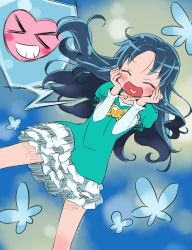 Rule 34 | &gt; &lt;, 10s, 1girl, :d, blue hair, blush, brooch, closed eyes, frilled skirt, frills, hands on own cheeks, hands on own face, happy, heart, heart brooch, heart in mouth, heartcatch precure!, highres, isedaichi ken, kurumi erika, long hair, open mouth, precure, skirt, smile, solo