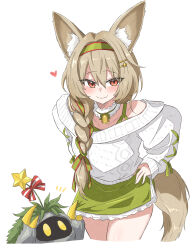 Rule 34 | 1girl, absurdres, animal ear fluff, animal ears, arknights, beanstalk (arknights), beanstalk (gift uncompleted) (arknights), bell, blush, braid, brown hair, clothes pull, commentary request, cropped legs, detached collar, dress, dress pull, embarrassed, green dress, green hairband, hair ornament, hairband, hairclip, heart, highres, hyena ears, hyena girl, hyena tail, leaning forward, long sleeves, maiq06, neck bell, off-shoulder sweater, off shoulder, peacake (arknights), red eyes, simple background, smile, solo, spaghetti strap, striped clothes, striped hairband, sweater, white background, white sweater